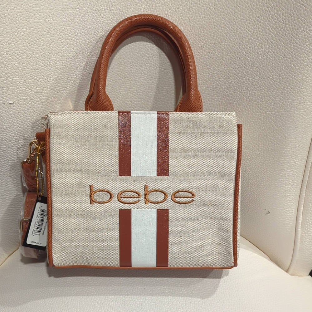 bebe Tan & Cream Stripe Canvas Tote Bag- 9.5×7.5×3.75. NWT